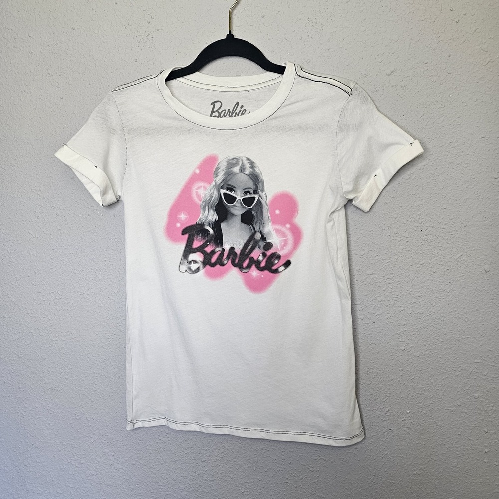 Barbie Hybrid Apparel White Graphic T-Shirt Kids Large Cuffed Sleeve Pink Logo